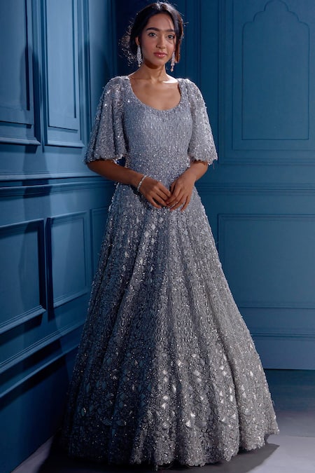 Net Grey Net Wedding Party Long Anarkali Gown Suit SFSWG6707 –  ShreeFashionWear