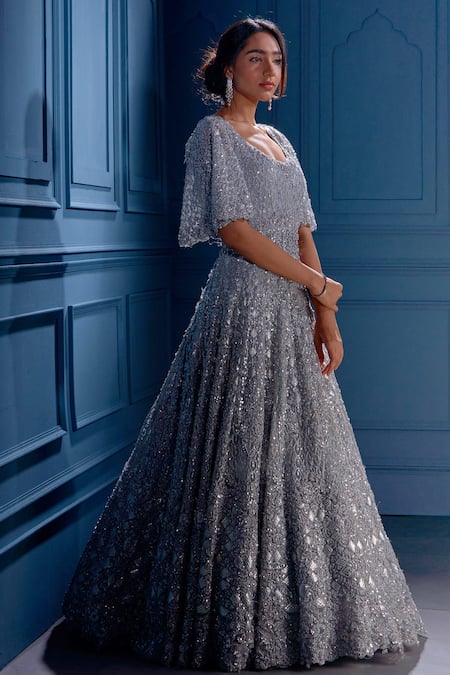 Shop_Angad Singh_Grey Net U Neck Sequin Embellished Gown _at_Aza_Fashions