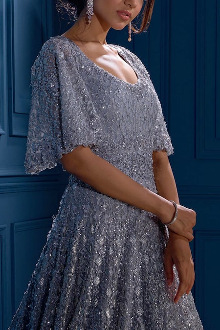 Buy_Angad Singh_Grey Net U Neck Sequin Embellished Gown _Online_at_Aza_Fashions