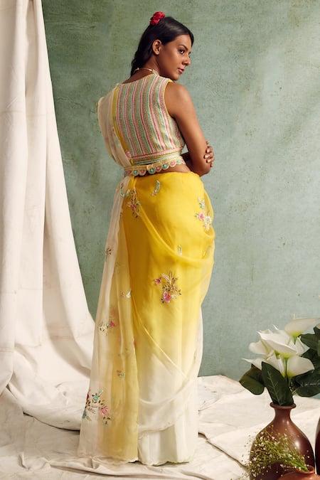 Shop_Priyanka Jain_Yellow Organza V Neck Saree With Blouse _at_Aza_Fashions