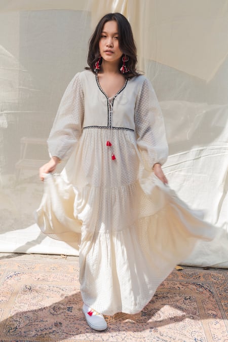 Nikasha White Cutwork Chanderi Leaf Neck Tiered Dress