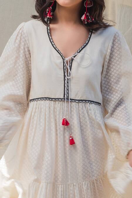 Shop Nikasha White Cutwork Chanderi Leaf Neck Tiered Dress Online at Aza Fashions Shop_Nikasha_White Cutwork Chanderi Leaf Neck Tiered Dress _Online_at_Aza_Fashions