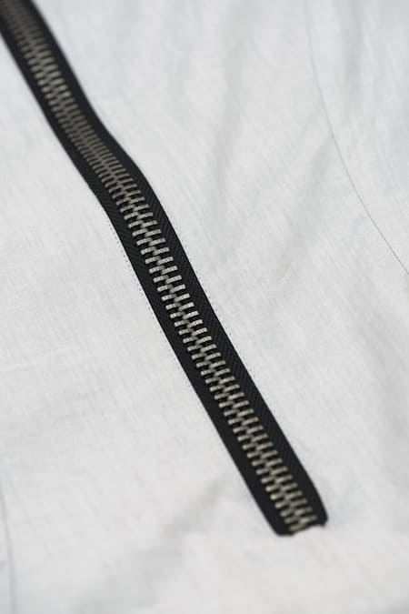 Chillosophy_Grey Cotton Poplin Round Applique Shift Dress_at_Aza_Fashions