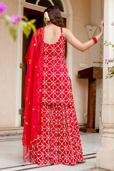 Shop Gulabo Jaipur Red Dupatta Organza, Kurta And Sharara Georgette Bahaar Embroidered Set at Aza Fashions Shop_Gulabo Jaipur_Red Dupatta Organza, Kurta And Sharara Georgette Bahaar Embroidered Set _at_Aza_Fashions