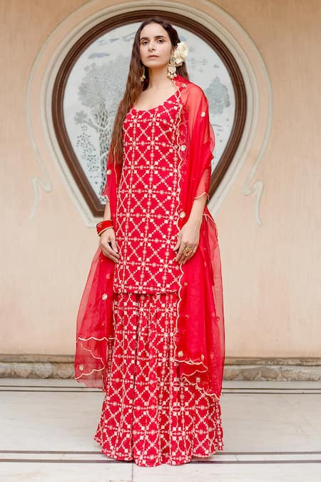 Gulabo Jaipur Red Dupatta Organza, Kurta And Sharara Georgette Bahaar Embroidered Set Online at Aza Fashions Gulabo Jaipur_Red Dupatta Organza, Kurta And Sharara Georgette Bahaar Embroidered Set _Online_at_Aza_Fashions