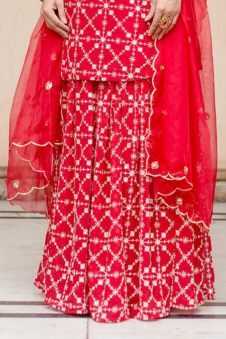 Gulabo Jaipur Red Dupatta Organza, Kurta And Sharara Georgette Bahaar Embroidered Set at Aza Fashions Gulabo Jaipur_Red Dupatta Organza, Kurta And Sharara Georgette Bahaar Embroidered Set _at_Aza_Fashions