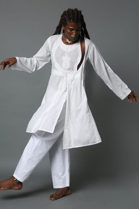 House Of Three White Handspun Handwoven Cotton Chikan Work Arsalan Angrakha Kurta Online at Aza Fashions House Of Three_White Handspun Handwoven Cotton Chikan Work Arsalan Angrakha Kurta _Online_at_Aza_Fashions