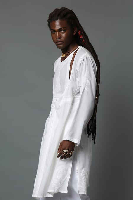 Shop House Of Three White Handspun Handwoven Cotton Chikan Work Arsalan Angrakha Kurta Online at Aza Fashions Shop_House Of Three_White Handspun Handwoven Cotton Chikan Work Arsalan Angrakha Kurta _Online_at_Aza_Fashions