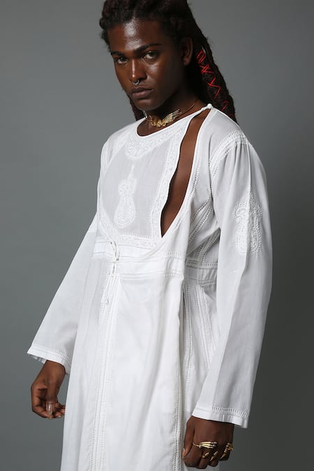 House Of Three White Handspun Handwoven Cotton Chikan Work Arsalan Angrakha Kurta at Aza Fashions House Of Three_White Handspun Handwoven Cotton Chikan Work Arsalan Angrakha Kurta _at_Aza_Fashions