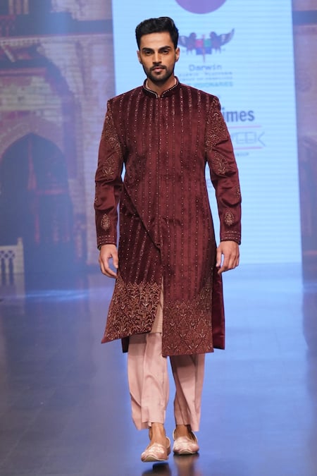 Soniya G Wine Velvet Embroidery Zari Work Sherwani And Palazzo Set 