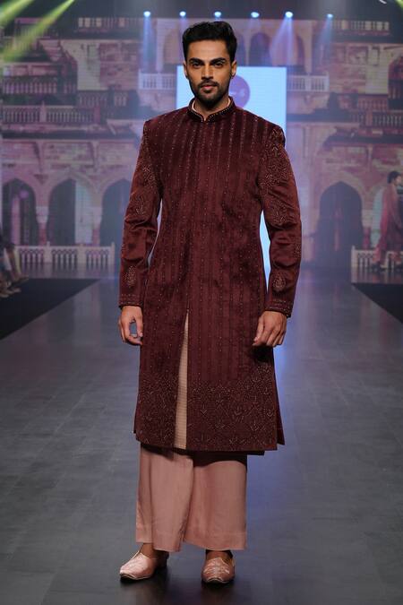 Soniya G_Wine Velvet Zari Work Embroidered Sherwani And Palazzo Set_Online_at_Aza_Fashions