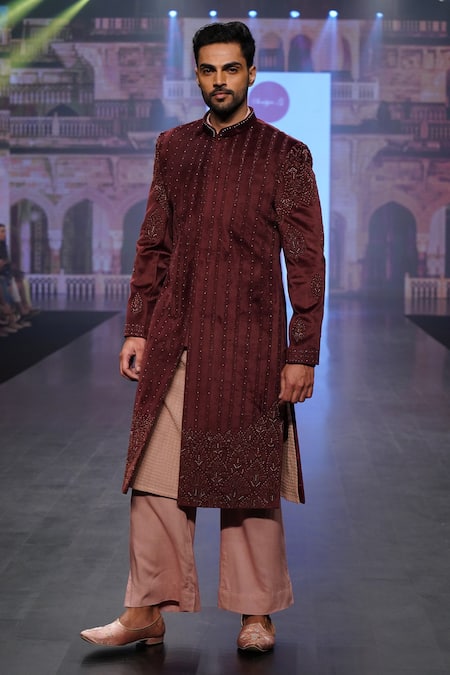 Buy_Soniya G_Wine Velvet Zari Work Embroidered Sherwani And Palazzo Set_Online_at_Aza_Fashions