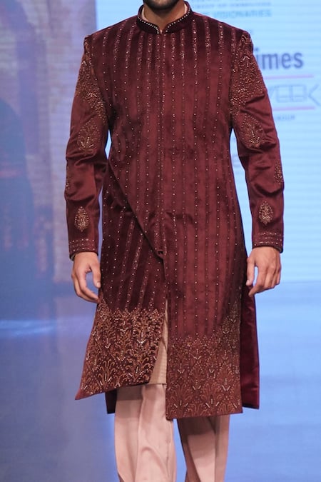 Shop_Soniya G_Wine Velvet Zari Work Embroidered Sherwani And Palazzo Set_Online_at_Aza_Fashions