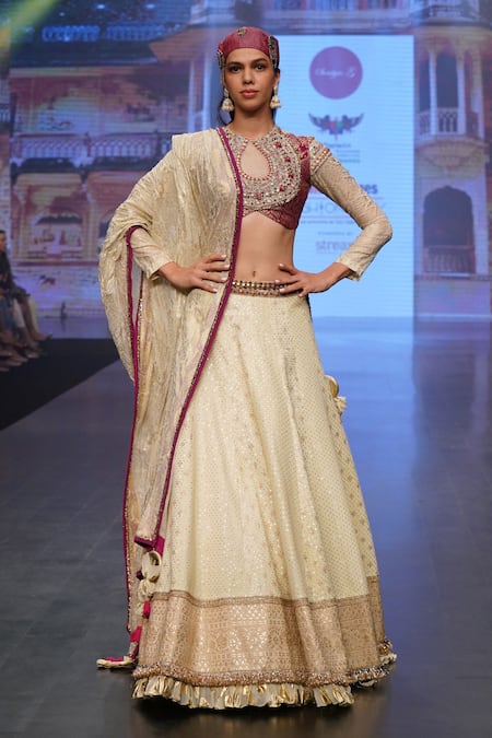 Soniya G_Cream Pure Silk Blend Floral Keyhole Embroidered Border Bridal Lehenga Set _Online_at_Aza_Fashions