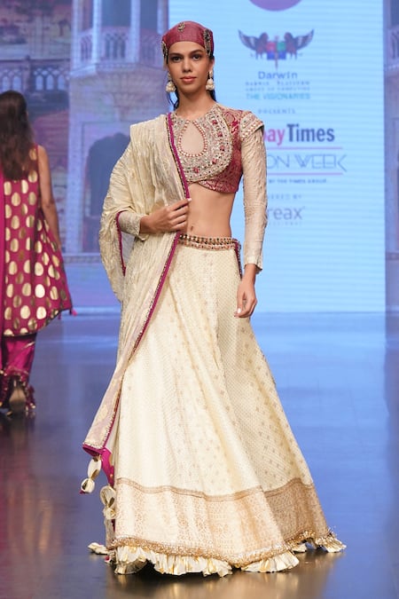 Shop_Soniya G_Cream Pure Silk Blend Floral Keyhole Embroidered Border Bridal Lehenga Set _Online_at_Aza_Fashions