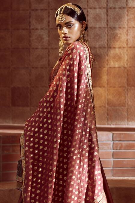 Buy_Tarun Tahiliani_Maroon Anarkali-spun Silk Tussar, Churidar-stretch, Spun Embroidered Set_Online_at_Aza_Fashions