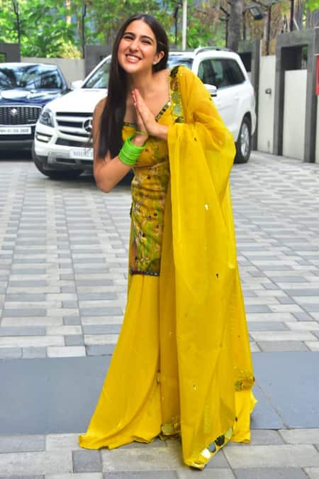 Shop_Izzumi Mehta_Yellow Organza, Crepe Leaf Neck Printed Kurta Palazzo Set_Online_at_Aza_Fashions