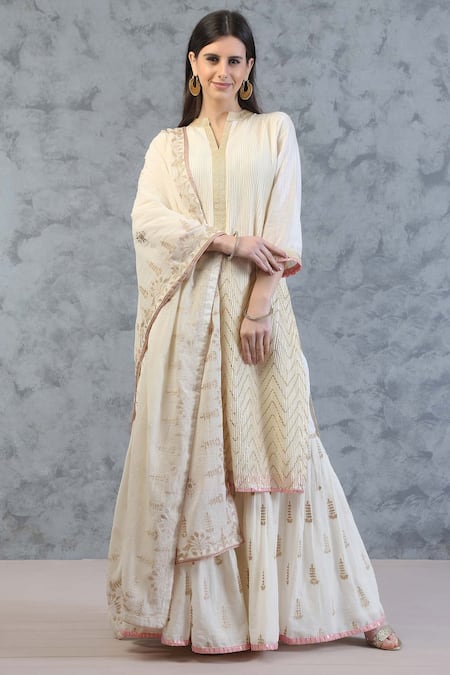 Anju & Harleen White Silk Chanderi Band Collar Kurta Gharara Set 