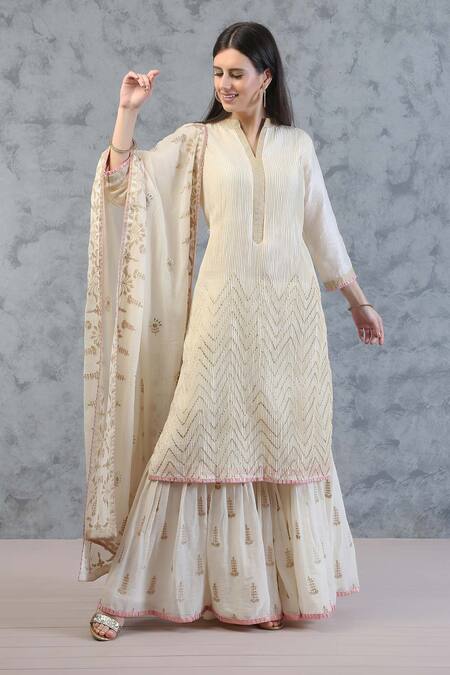 Shop_Anju & Harleen_White Mul, Silk Chanderi Band Collar Kurta Gharara Set_at_Aza_Fashions