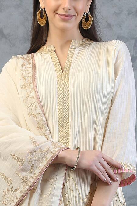 Anju & Harleen_White Mul, Silk Chanderi Band Collar Kurta Gharara Set_Online_at_Aza_Fashions