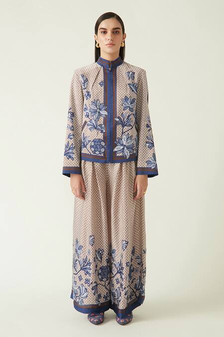 Payal Pratap_Brown Linen Satin Printed Geometric Mandarin Collar Jepara Jacket  _Online_at_Aza_Fashions