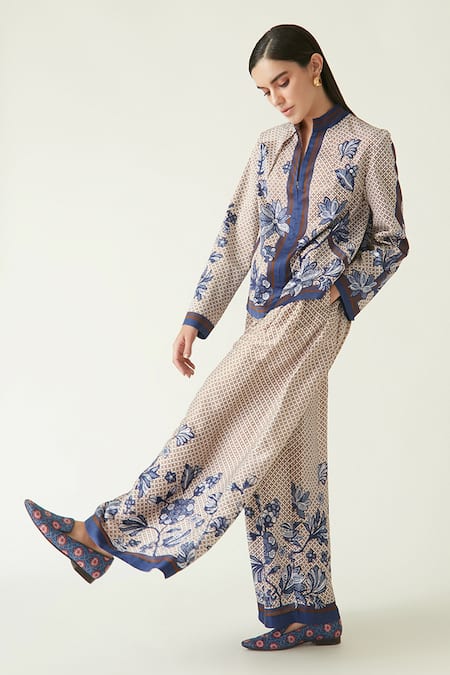 Shop_Payal Pratap_Brown Linen Satin Printed Geometric Mandarin Collar Jepara Jacket  _Online_at_Aza_Fashions