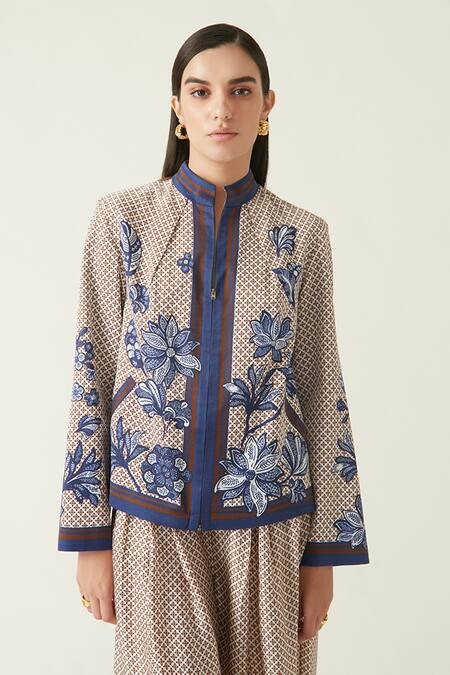 Payal Pratap_Brown Linen Satin Printed Geometric Mandarin Collar Jepara Jacket  _at_Aza_Fashions