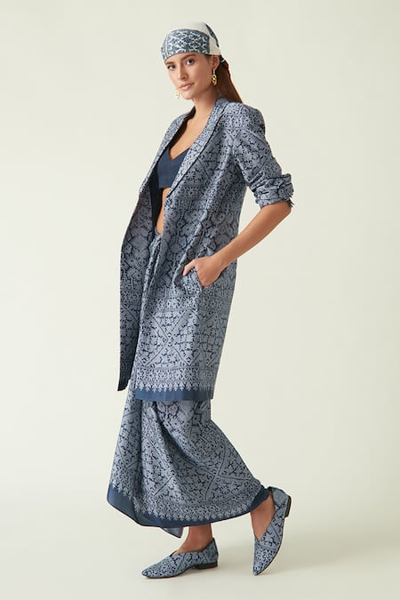 Buy_Payal Pratap_Blue Modal Satin Printed Batik Notched Lapel Collar Guinea Jacket  _Online_at_Aza_Fashions