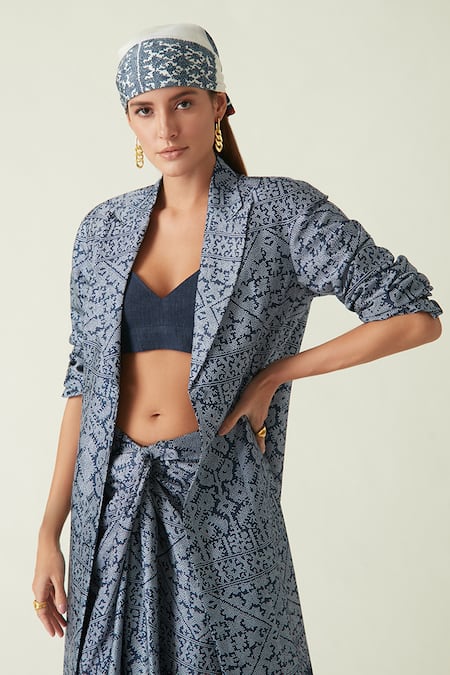 Shop_Payal Pratap_Blue Modal Satin Printed Batik Notched Lapel Collar Guinea Jacket  _Online_at_Aza_Fashions