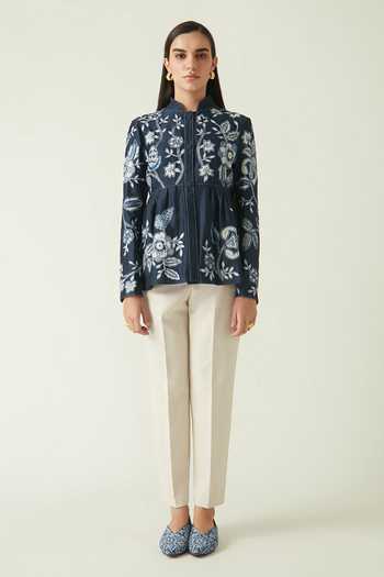 Payal Pratap Blue Chanderi Embroidery Floral Mandarin Collar Jimbaran Jacket 1
