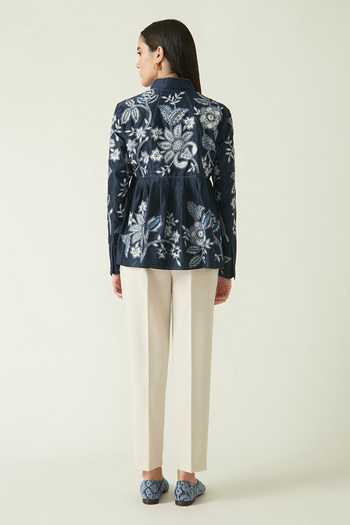 Payal Pratap Blue Chanderi Embroidery Floral Mandarin Collar Jimbaran Jacket 2
