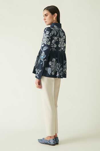 Payal Pratap Blue Chanderi Embroidery Floral Mandarin Collar Jimbaran Jacket 3