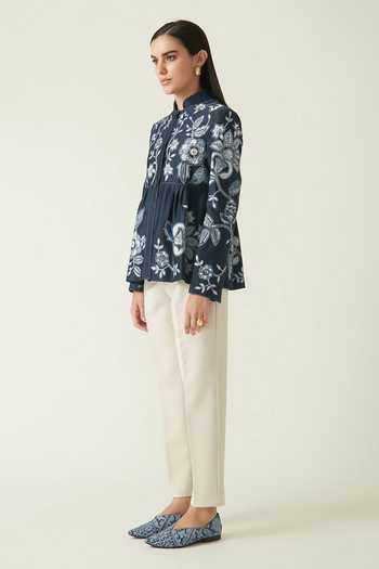 Payal Pratap Blue Chanderi Embroidery Floral Mandarin Collar Jimbaran Jacket 4
