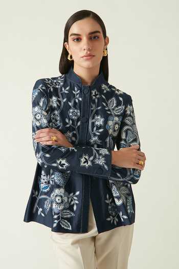 Payal Pratap Blue Chanderi Embroidery Floral Mandarin Collar Jimbaran Jacket 5