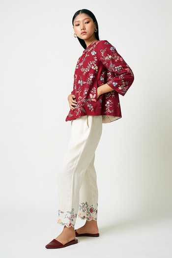 Payal Pratap_Maroon Cotton Handloom Floral Motifs, Jaal Work Round Peony Embroidered Jacket _Online_at_Aza_Fashions