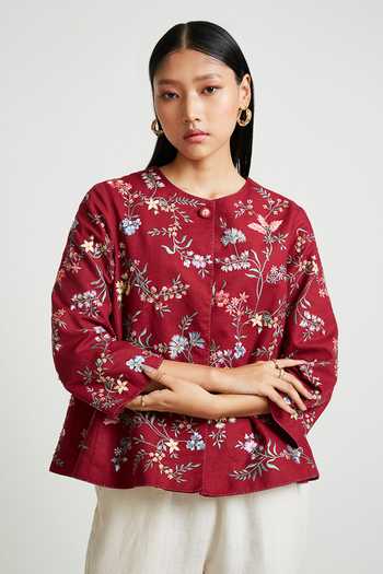 Buy_Payal Pratap_Maroon Cotton Handloom Floral Motifs, Jaal Work Round Peony Embroidered Jacket _Online_at_Aza_Fashions