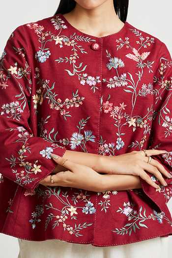 Shop_Payal Pratap_Maroon Cotton Handloom Floral Motifs, Jaal Work Round Peony Embroidered Jacket _Online_at_Aza_Fashions