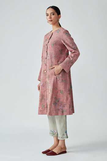 Payal Pratap_Pink Cotton Handloom Floral Motifs, Thread Work Round Laelia Embroidered Jacket _Online_at_Aza_Fashions