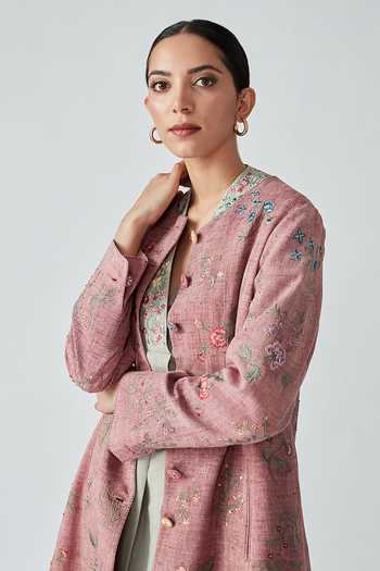 Buy_Payal Pratap_Pink Cotton Handloom Floral Motifs, Thread Work Round Laelia Embroidered Jacket _Online_at_Aza_Fashions