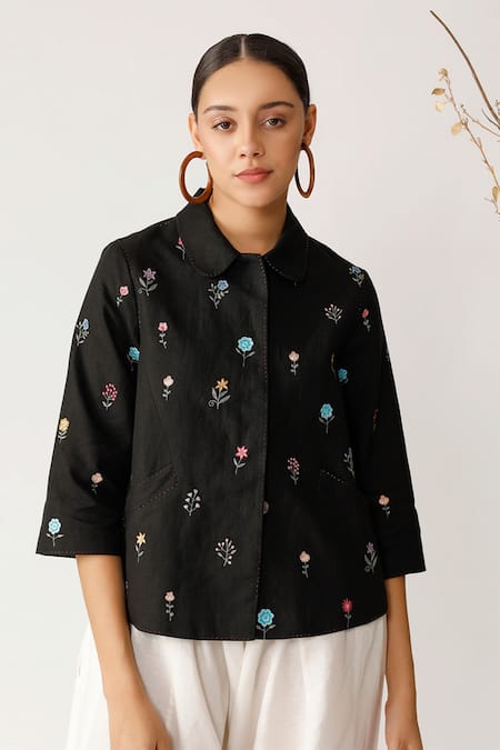 Payal Pratap Black Handloom Cotton Linen Peter Pan Shirt