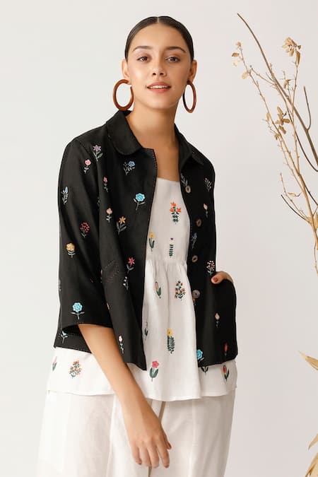 Payal Pratap Black Handloom Cotton Linen Peter Pan Shirt Online at Aza Fashions Payal Pratap_Black Handloom Cotton Linen Peter Pan Shirt _Online_at_Aza_Fashions