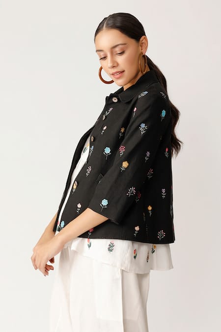 Shop Payal Pratap Black Handloom Cotton Linen Peter Pan Shirt Online at Aza Fashions Shop_Payal Pratap_Black Handloom Cotton Linen Peter Pan Shirt _Online_at_Aza_Fashions