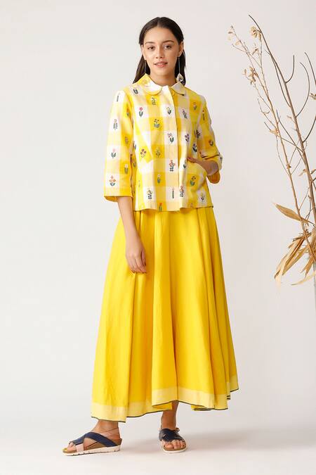 Payal Pratap Yellow Cotton Linen Peter Pan Embroidered Shirt Online at Aza Fashions Payal Pratap_Yellow Cotton Linen Peter Pan Embroidered Shirt _Online_at_Aza_Fashions