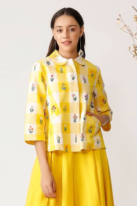 Payal Pratap Yellow Cotton Linen Peter Pan Embroidered Shirt
