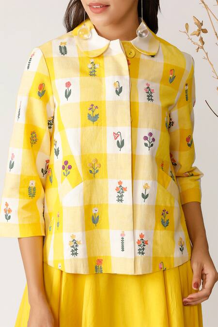 Payal Pratap Yellow Cotton Linen Peter Pan Embroidered Shirt at Aza Fashions Payal Pratap_Yellow Cotton Linen Peter Pan Embroidered Shirt _at_Aza_Fashions