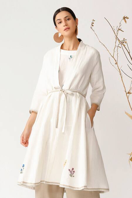 Buy_Payal Pratap_Beige Linen Open Embroidered Jacket _Online_at_Aza_Fashions