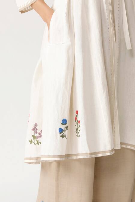 Payal Pratap_Beige Linen Open Embroidered Jacket _at_Aza_Fashions