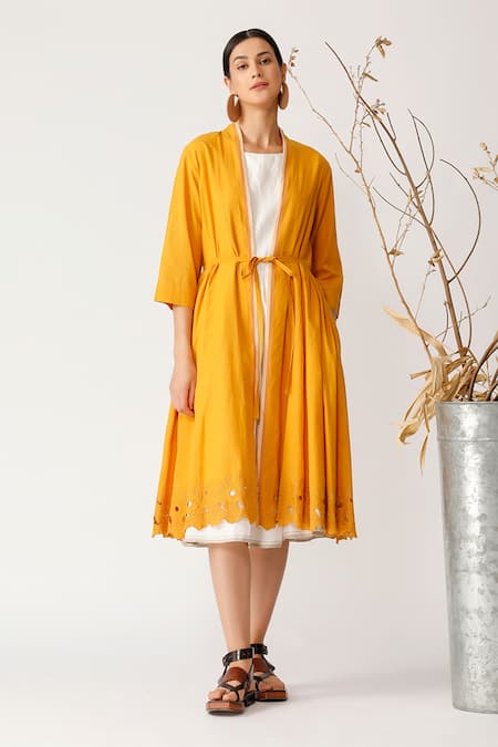 Payal Pratap_Yellow Handloom Cotton Open Jacket _Online_at_Aza_Fashions