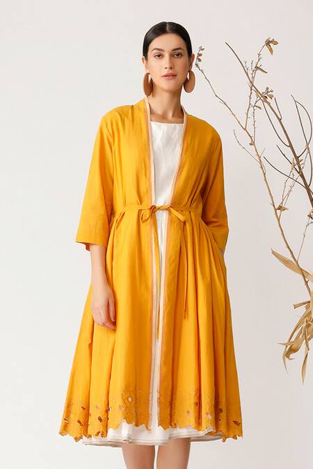 Buy_Payal Pratap_Yellow Handloom Cotton Open Jacket _Online_at_Aza_Fashions