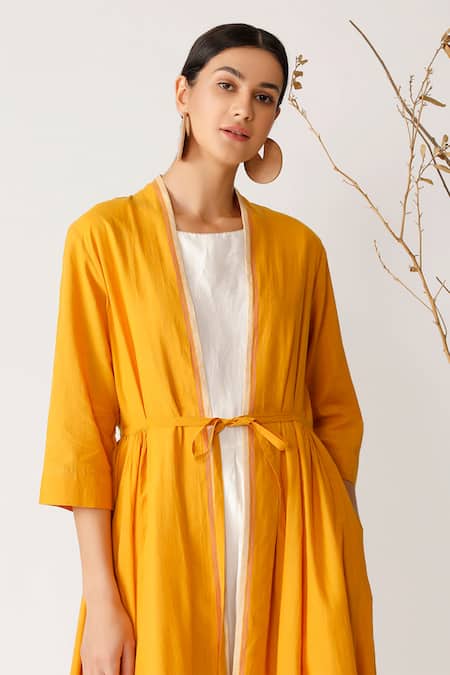 Shop_Payal Pratap_Yellow Handloom Cotton Open Jacket _Online_at_Aza_Fashions